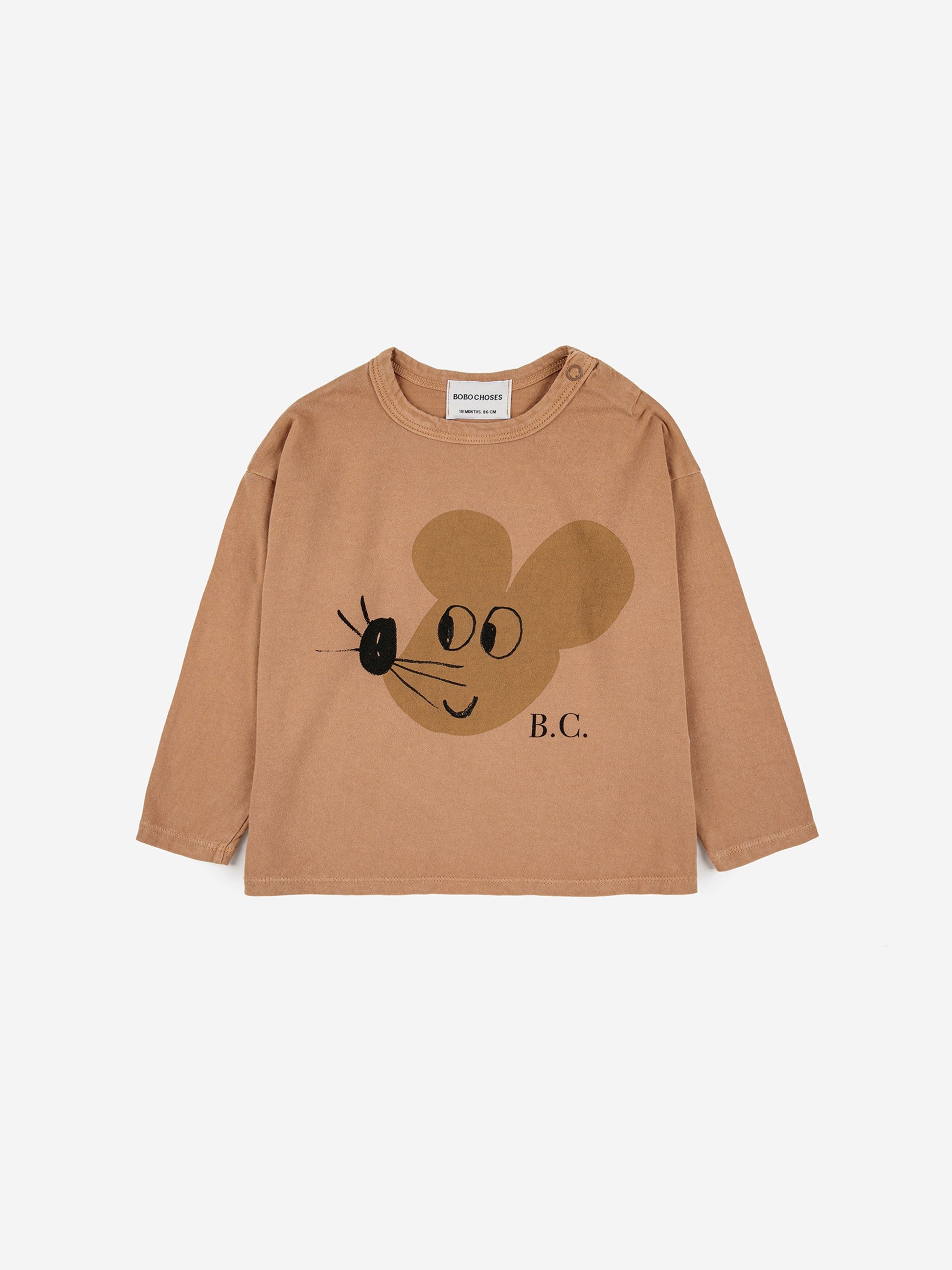 Bobo Choses Baby Mouse T-Shirt - 100% organic cotton light brown long sleeve t-shirt. Designed with long sleeves, dropped shoulder and shoulder snap fastening. It has a loose fit. Made in Spain.
