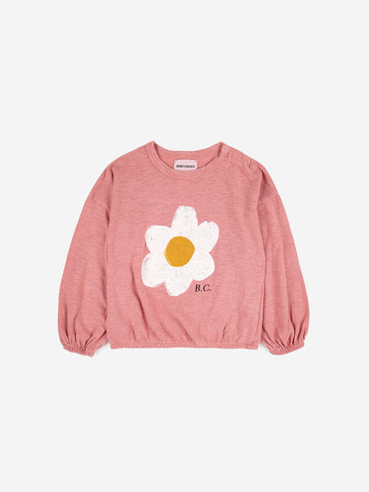 Bobo Choses Baby Big Flower Girl T-Shirt - 100% organic cotton salmon pink long sleeve t-shirt. Designed with long sleeves, dropped shoulder, shoulder snap fastening, elasticated bottom and elasticated cuffs. It has a loose fit. It has a loose fit. Made in Spain.