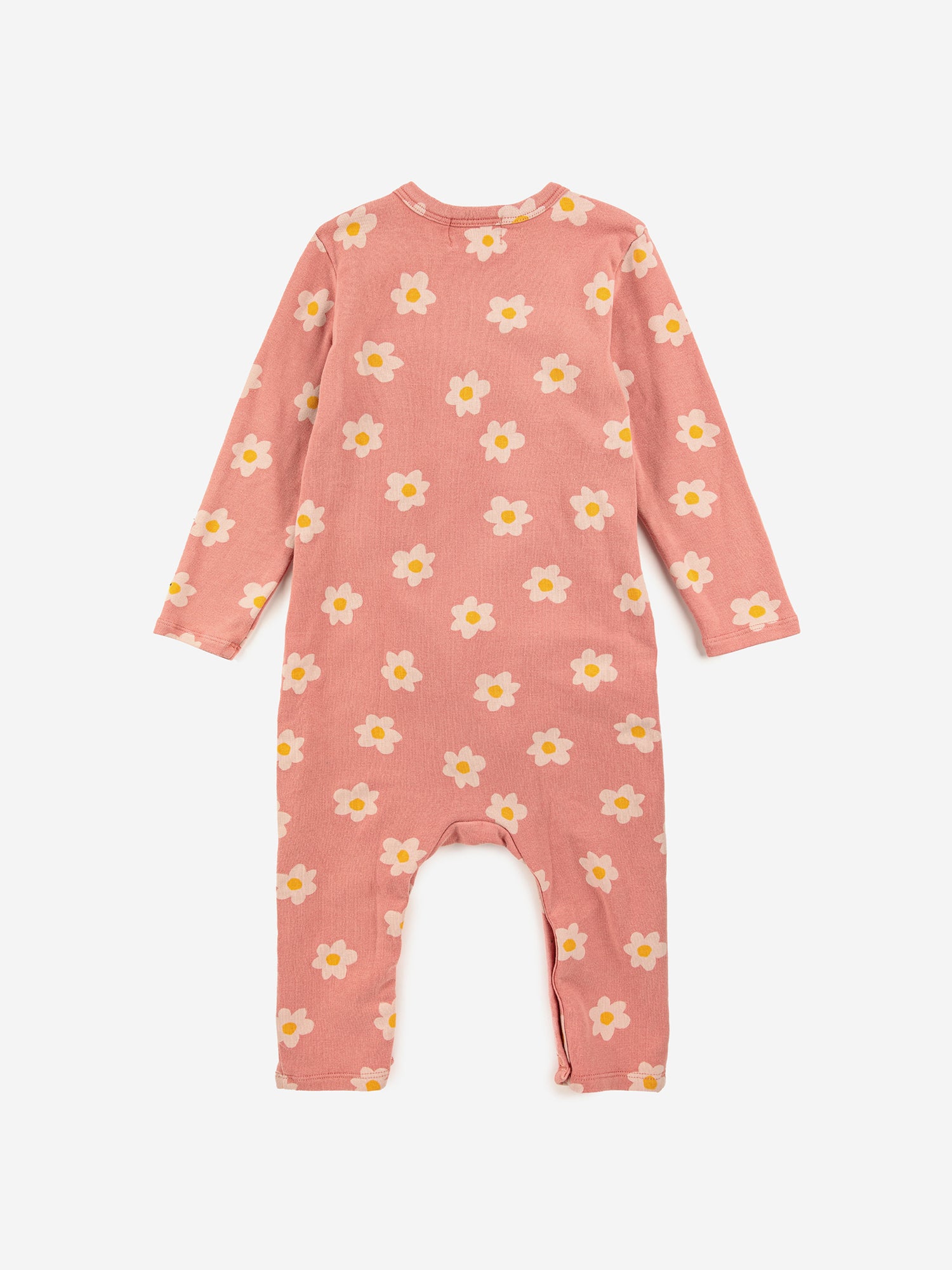 Little Flower Wrap Overall by Bobo Choses. 95% organic cotton 5% elastane pink long sleeve onesie. Designed with a wrap around which snaps down the front & crotch for easy changing. Lined with fleece. Slim fit.