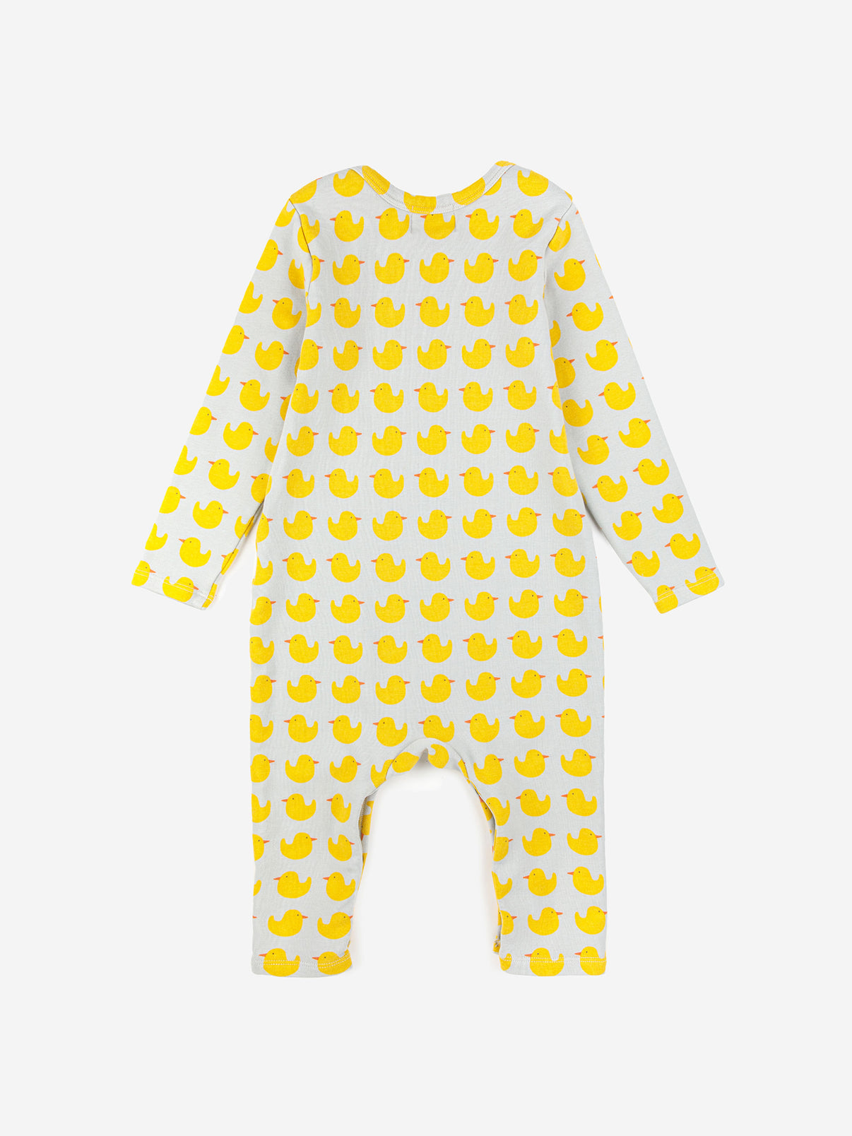 Bobo Choses Baby Rubber Duck All Over Overalls - 95% organic cotton 5% elastane light grey overall. Designed with long sleeves, crotch snap fastening, embroidery and envelope neck. It has a slim fit. Made in Spain.
