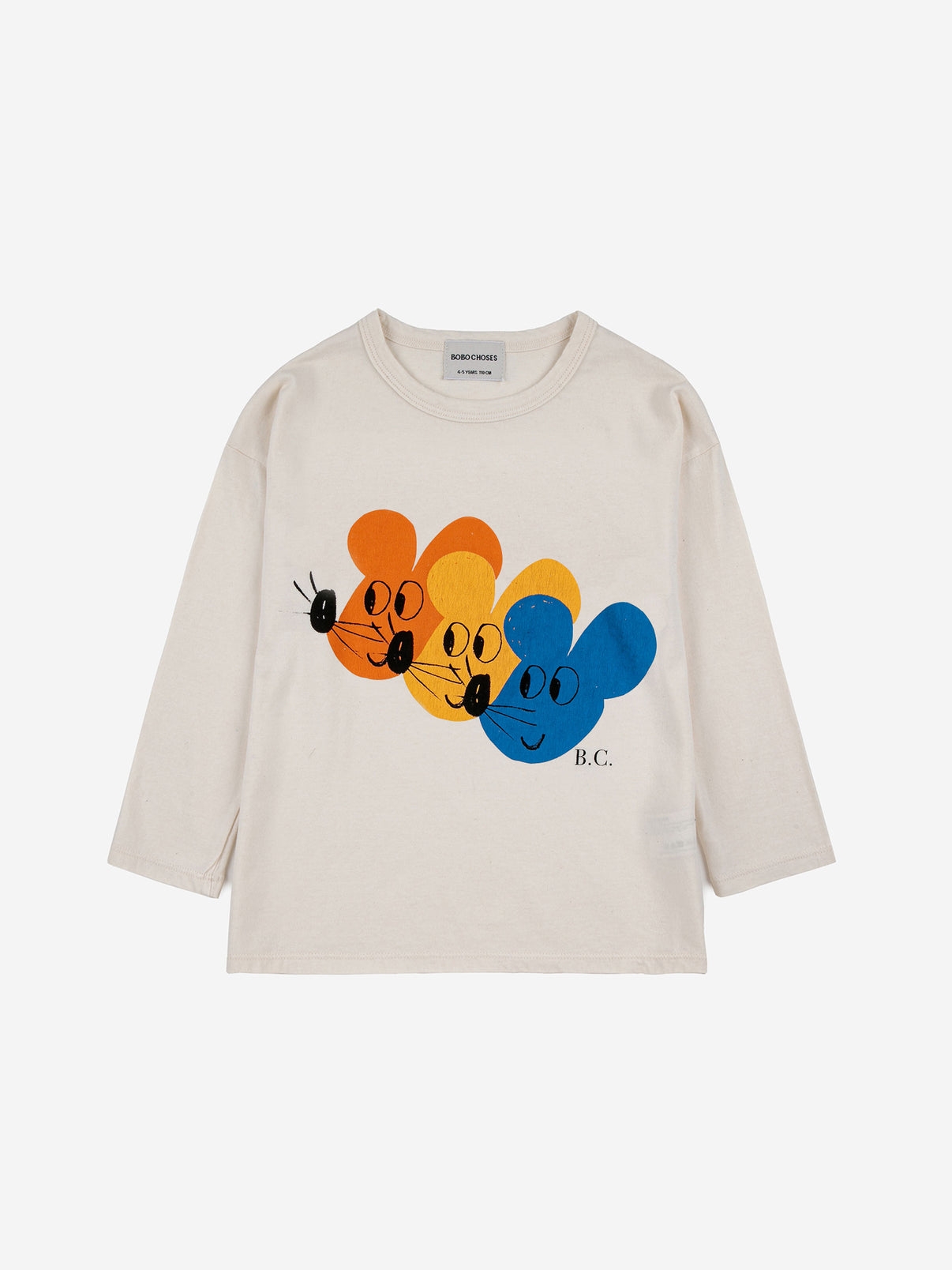 Bobo Choses Multicolor Mouse Tee. 100% organic cotton white long sleeve t-shirt. Designed with long sleeves and round neck. It has a loose fit. Made in Spain.  Made ethically and sustainably by Bobo Choses.