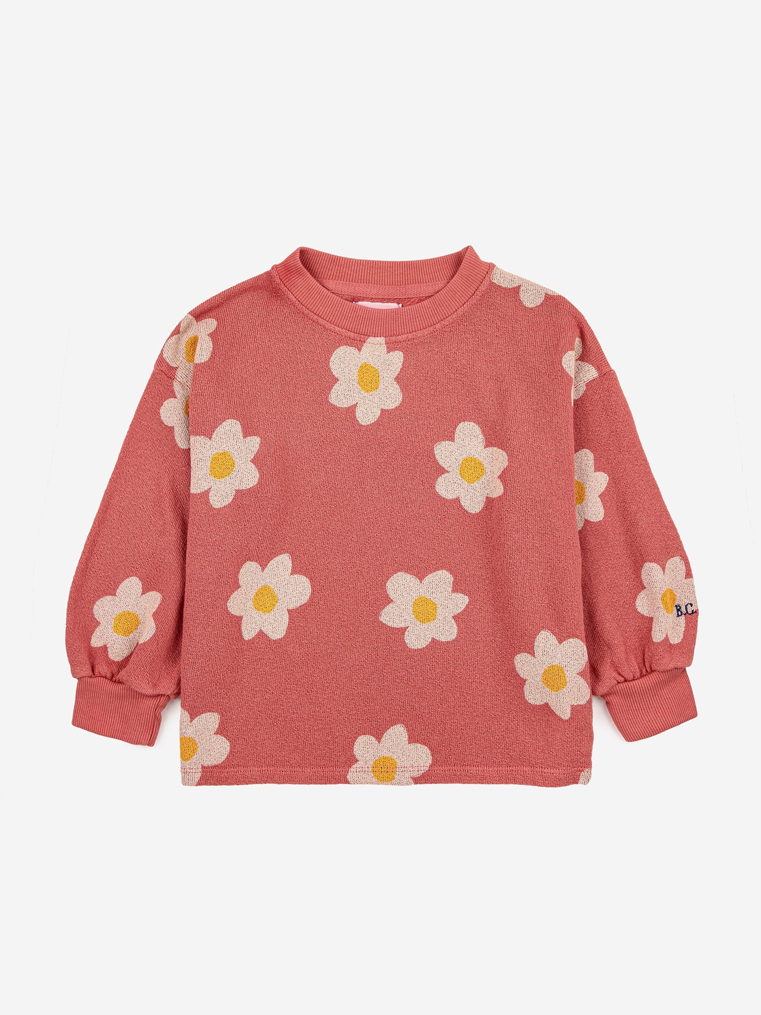 95% organic cotton 5% elastane salmon pink sweatshirt. Designed with long sleeves, dropped shoulder, front snap fastening, lining and patch pocket. It has a loose fit.  Made ethically and sustainably in Portugal for Bobo Choses.