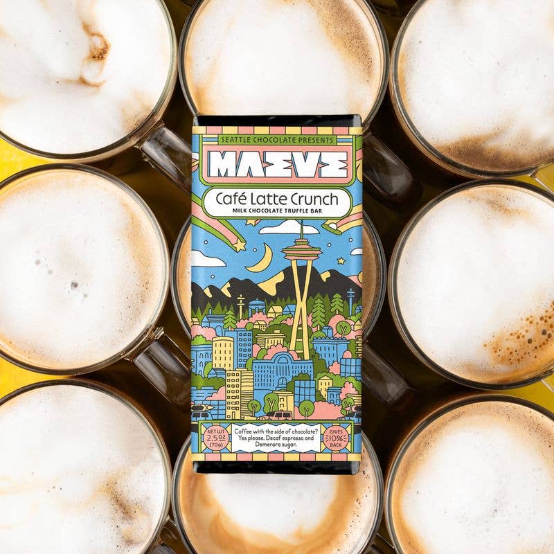 Sustainable chocolate perfect for gifting in cafe latte crunch, photographed on top of cafe latte filled mugs.