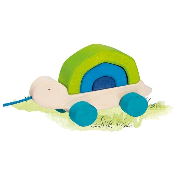 This little turtle combines the classic pull-along animal with the function of a stacking tower. Its shell consists of three individual building blocks that can be used in many ways.