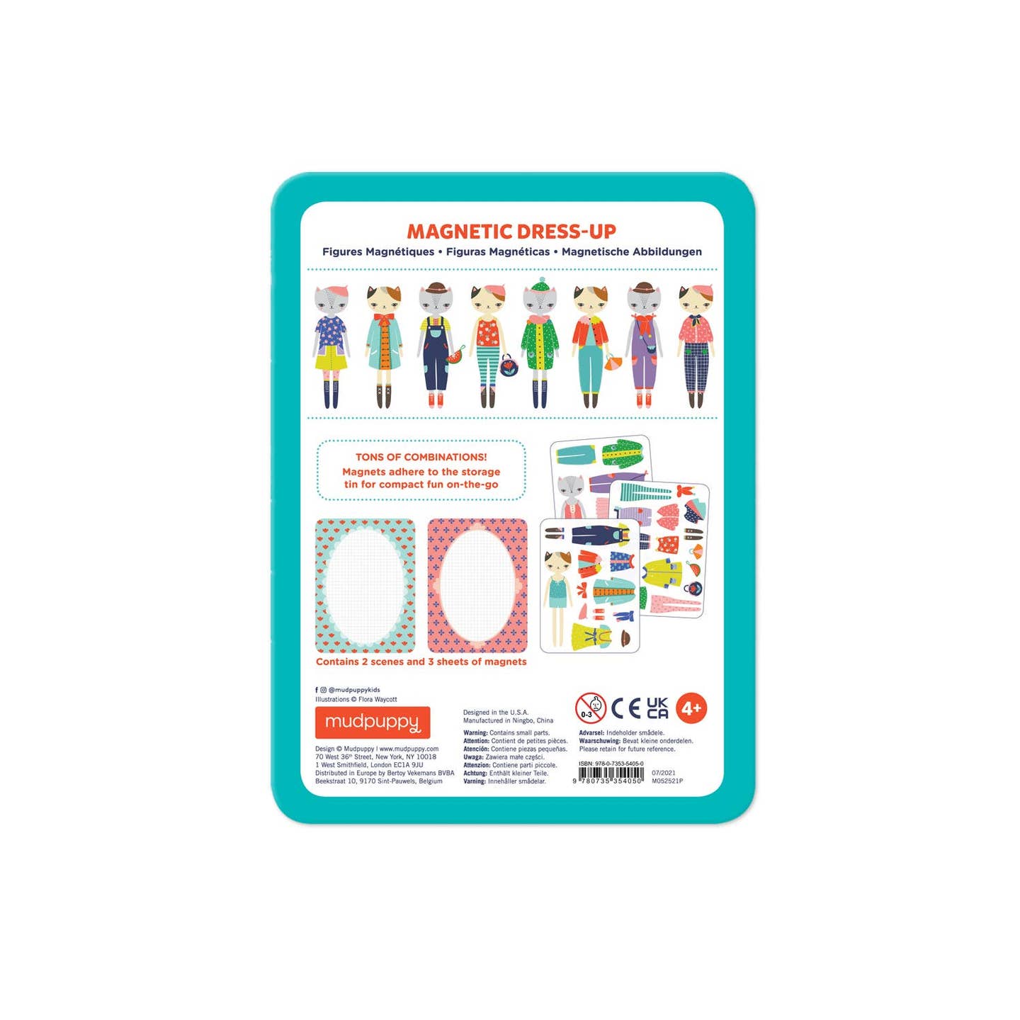 Magnetic dress-up toy packaging with figures and accessories on a white background
