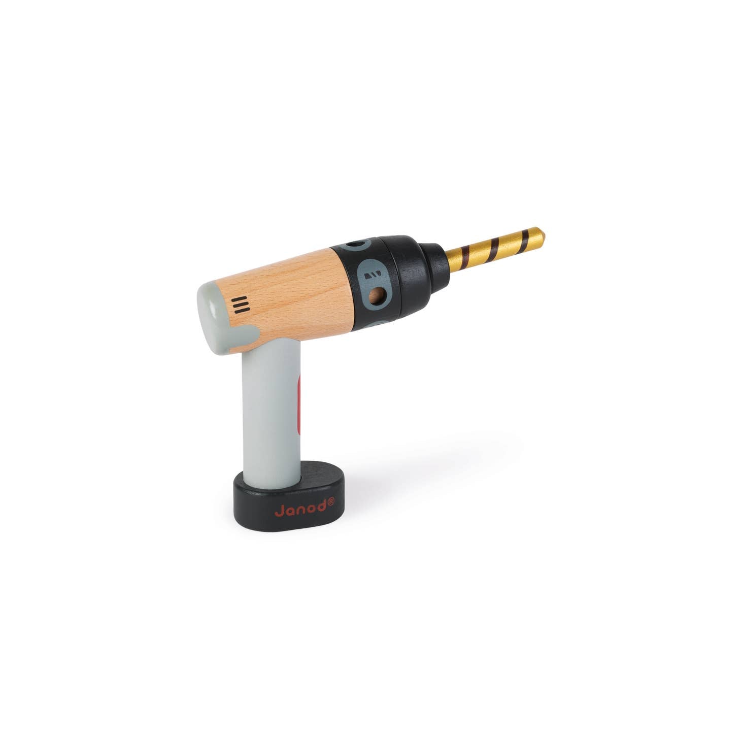 janod bricos kids / This wooden toy drill has everything you would expect from a real grown-ups’ drill!  Includes 2 magnetic tools for screwing, unscrewing and drilling holes. The middle part of the drill can be rotated (manually) to choose the type of hole you need. 