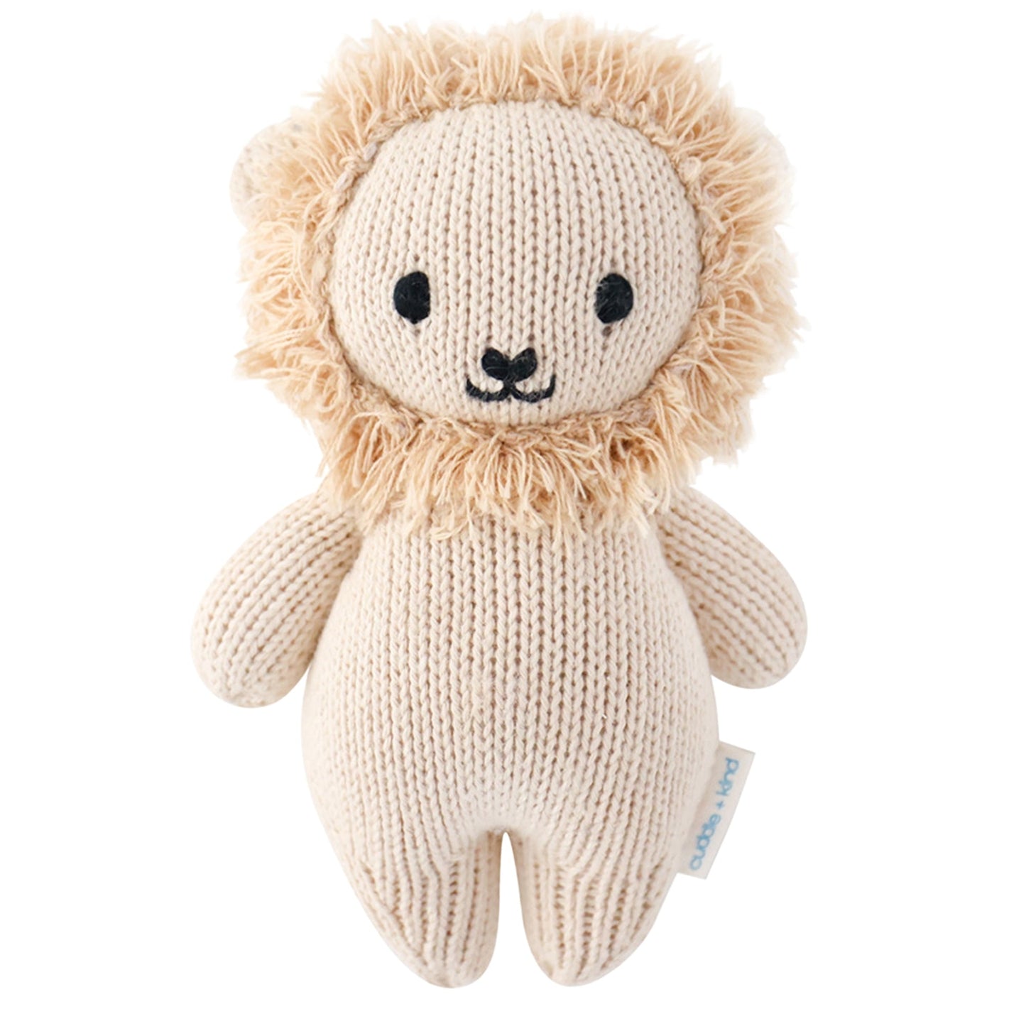 Knitted lion toy with fluffy mane on a white background. Absolutely adorable and oh so collectible! At an endearing 7” tall, our lovingly hand-knit baby animals are made with natural 100% cotton yarn and perfectly sized for little hands to grab and hold.

Every baby animal purchased provides 5 meals to children in need and empowers artisans in Peru and Nepal with fair trade income.