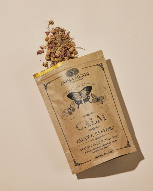 anima mundi herbals calm tea / This is an exquisite and effective herbal tea for those dealing with stress, anxiety and symptoms of trauma. Contains essential nervines - nervous system decompressors -  that are known to greatly relax the system.
