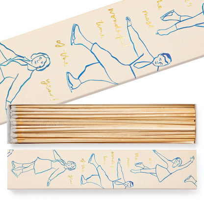 Set of wooden sticks in a box with illustrated designs on the lid and sides. Archivist Gallery Long Matches 