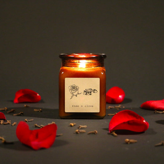 Surround yourself with the calming smell of fresh roses paired with spiced clove and hint of vanilla for a scent that’s as velvety smooth as it is subtle. 100% natural soy wax poured in reusable amber jar.