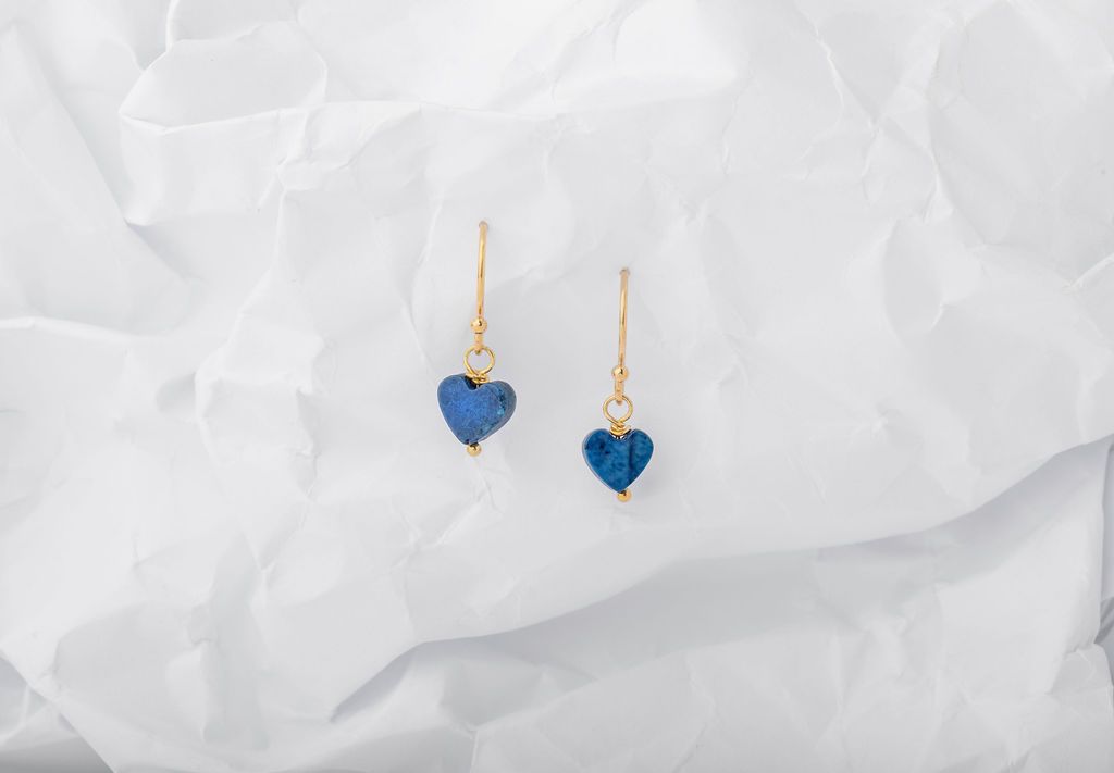 Lapis Lazuli is a third eye catalyzer, aligning you with the principles of your instincts and intuition - a powerful energy clearer - these sweethearts can make a cloudy day blue. Lapiz Lazuli Hearts on gold fill ear wires. Designed in California by Carrie Marill and made by hand in her SoCal studio.