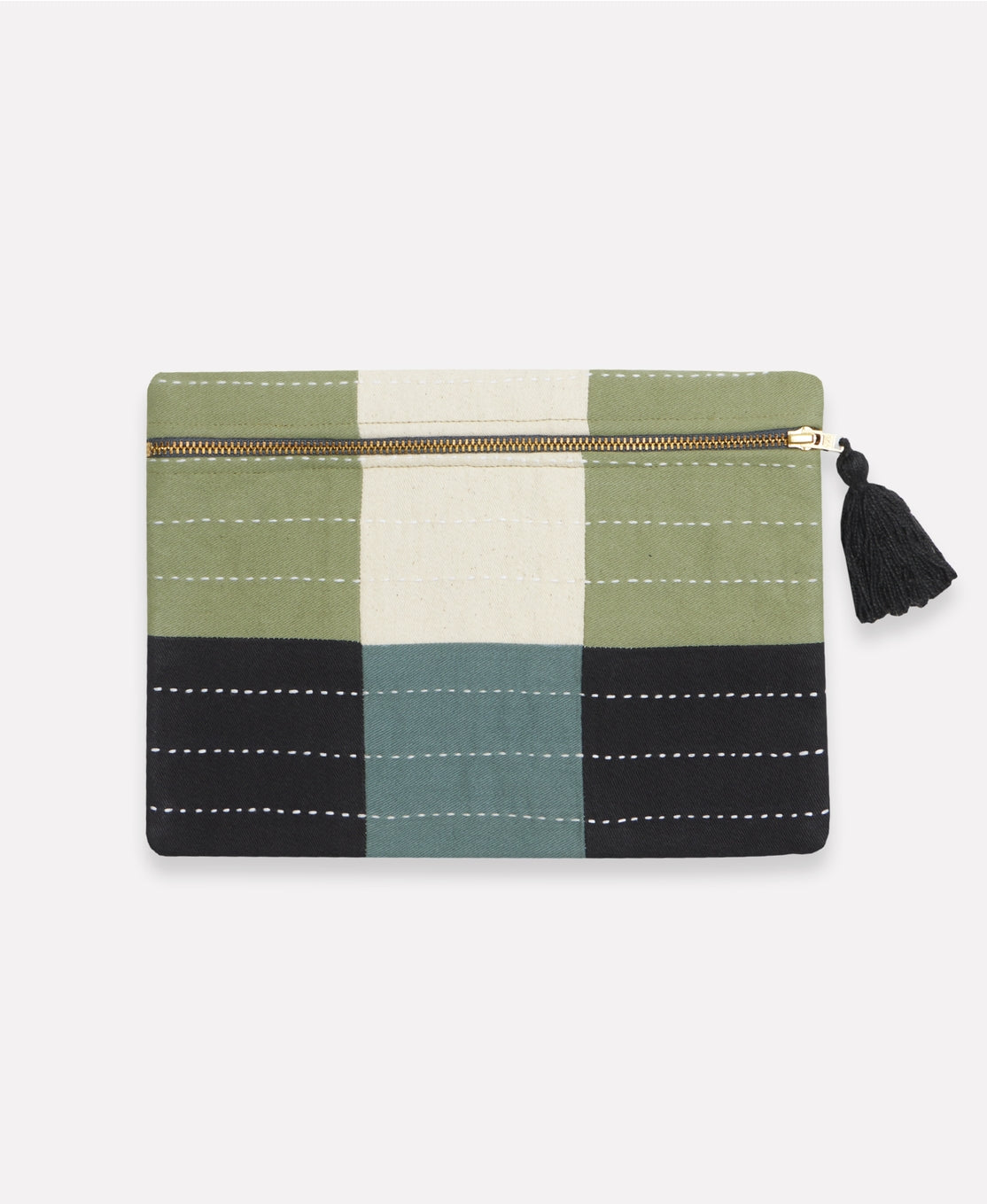 This beautiful contemporary pouch complete with a tassel zipper pull, features a color block checkered design and charming stitch details. Made with organic cotton, use it to stay organized, store makeup, a cell phone, or important receipts.