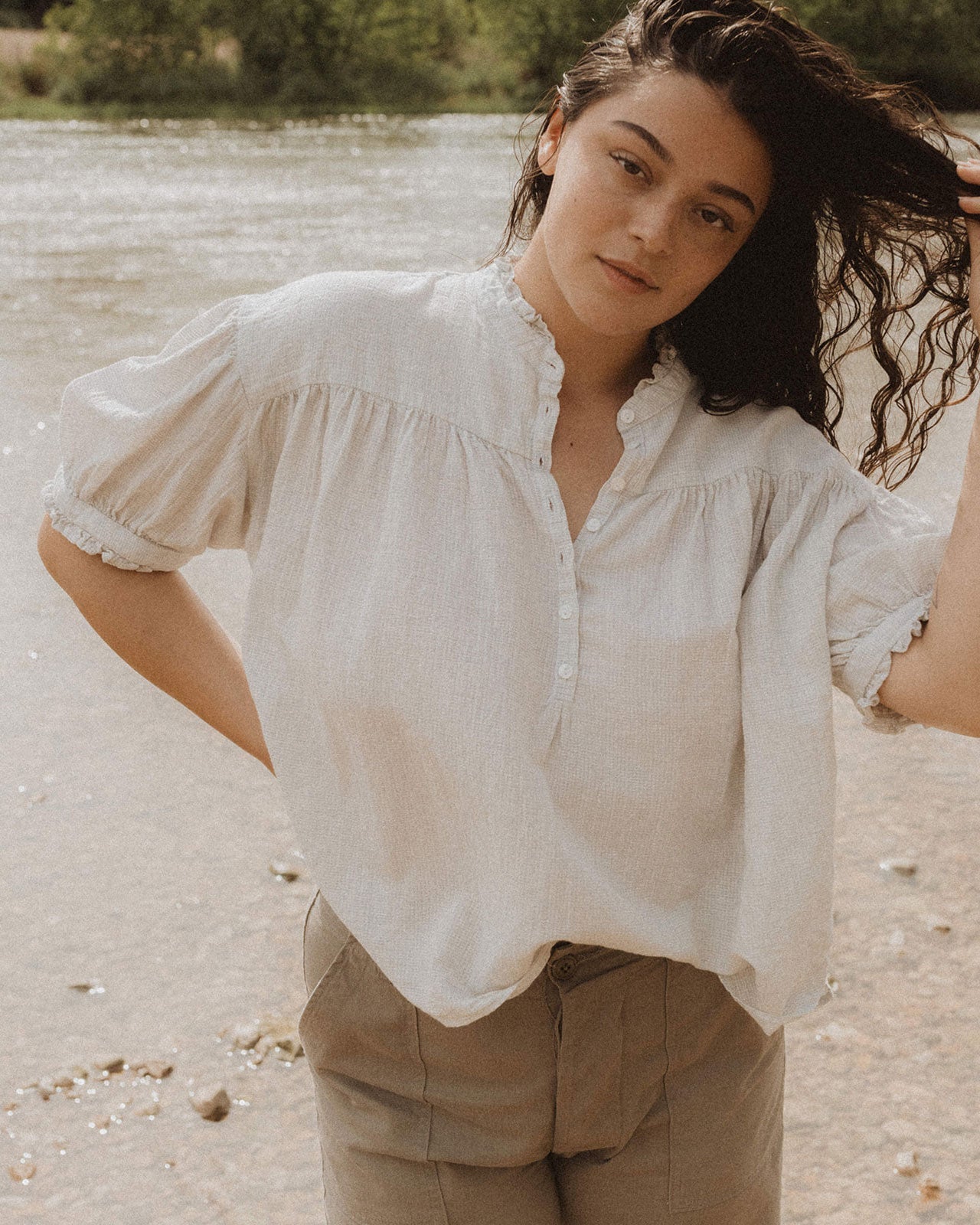 Esby Apparel Dana Top. A vintage-inspired intricate and oversized blouse. Made with a linen and cotton blend.