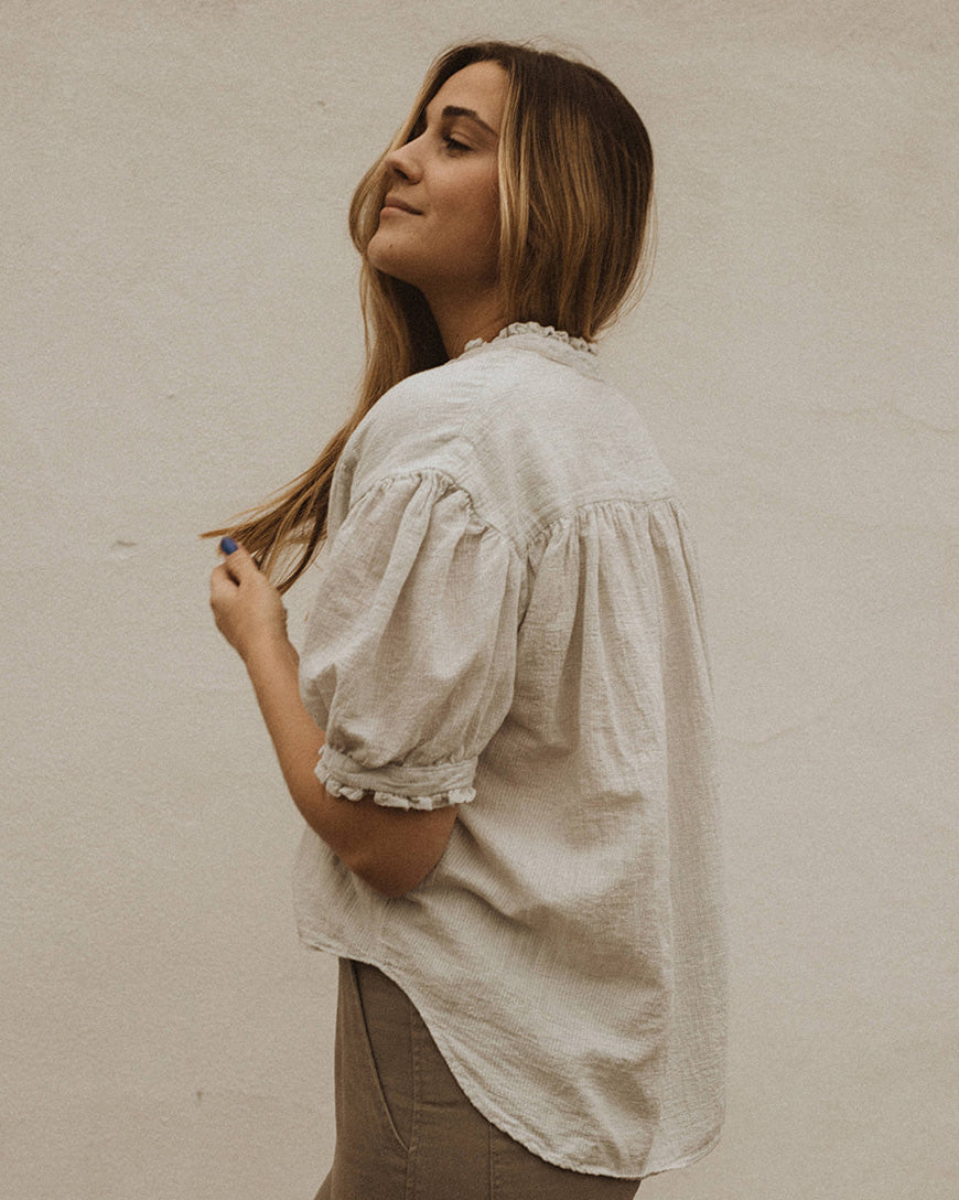 Esby Apparel Dana Top. A vintage-inspired intricate and oversized blouse. Made with a linen and cotton blend.