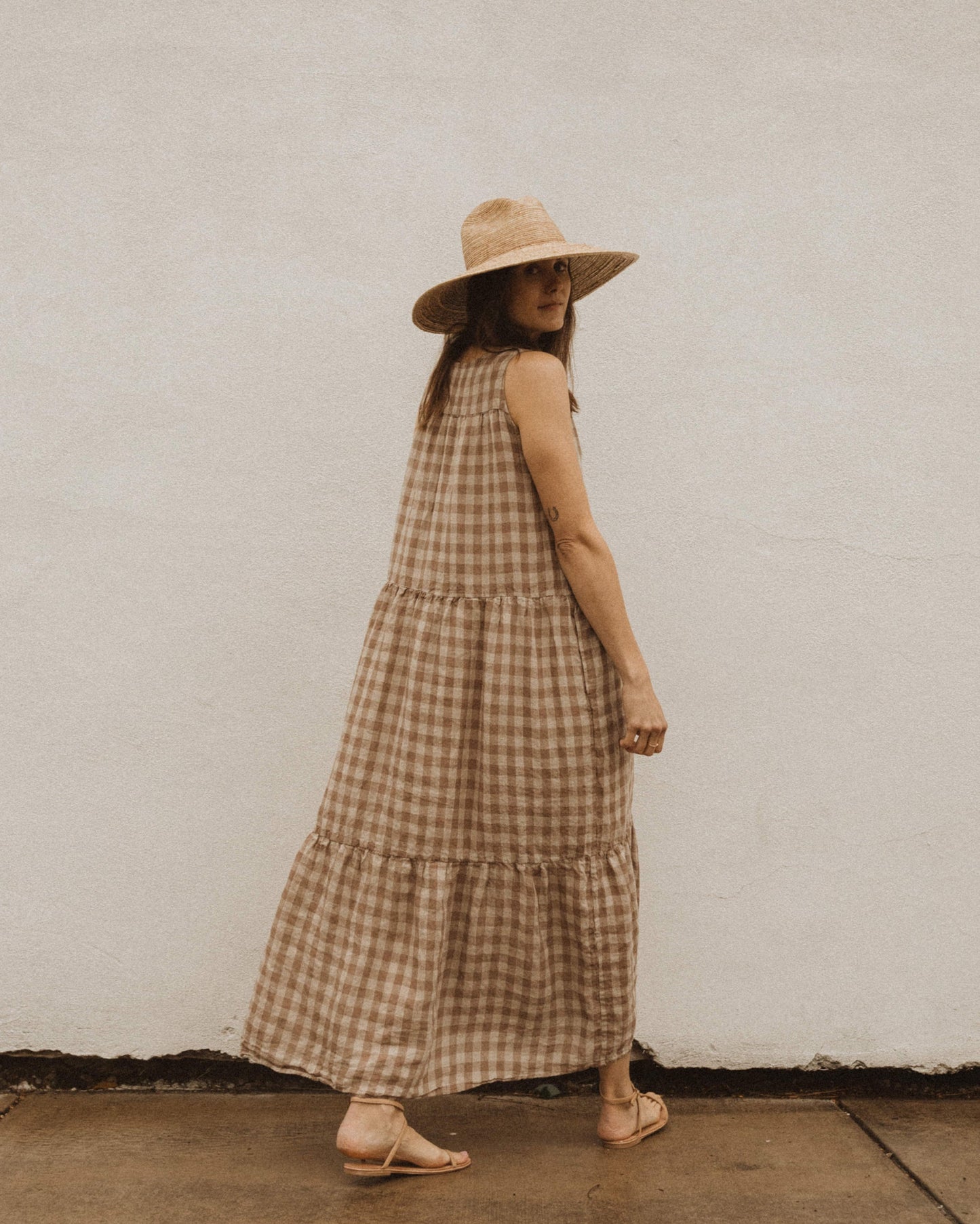 Esby apparel mary dress in pecan gingham fw23 aw23