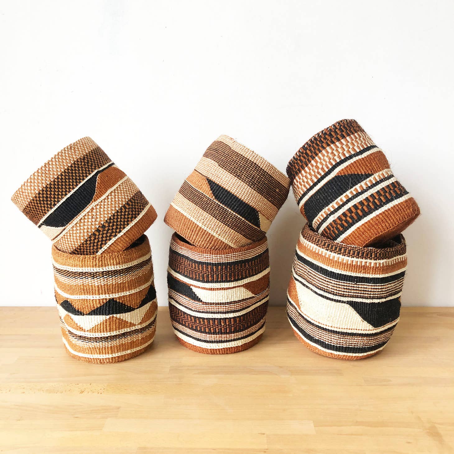 These sisal, woven baskets are handmade by a weaving cooperative in southeastern Kenya.