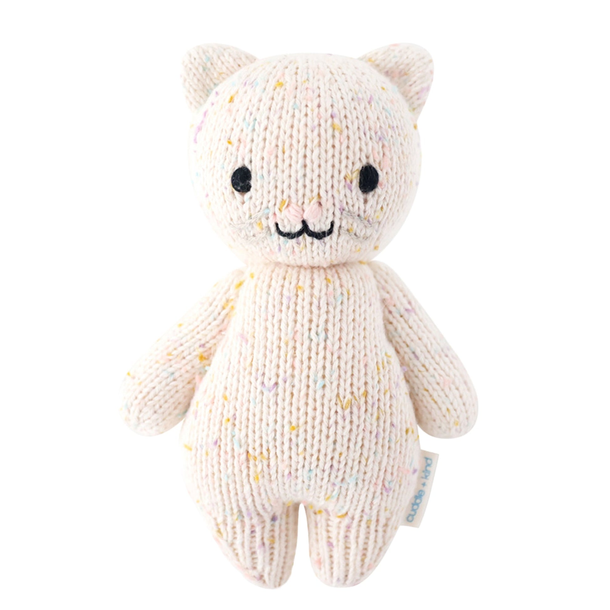 Knitted cat toy with a white background. Absolutely adorable and oh so collectible! At an endearing 7” tall, our lovingly hand-knit baby animals are made with natural 100% cotton yarn and perfectly sized for little hands to grab and hold.

Every baby animal purchased provides 5 meals to children in need and empowers artisans in Peru and Nepal with fair trade income.