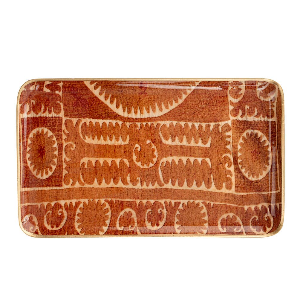 Featuring a bold rusty orange backdrop adorned with vintage-inspired Suzani patterns, these serving trays are ideal for adding both style and utility to your space.