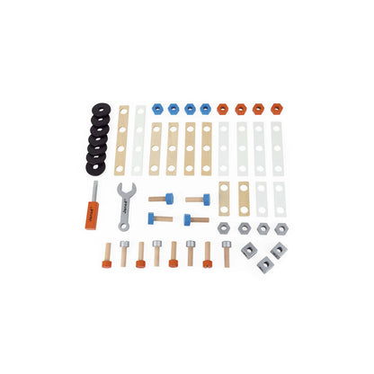 This wooden construction building set for kids is designed to spark creativity and imagination. It has a variety of accessories such as washers, wooden planks, bolts and screws, the perfect kids gift for the young builders.
