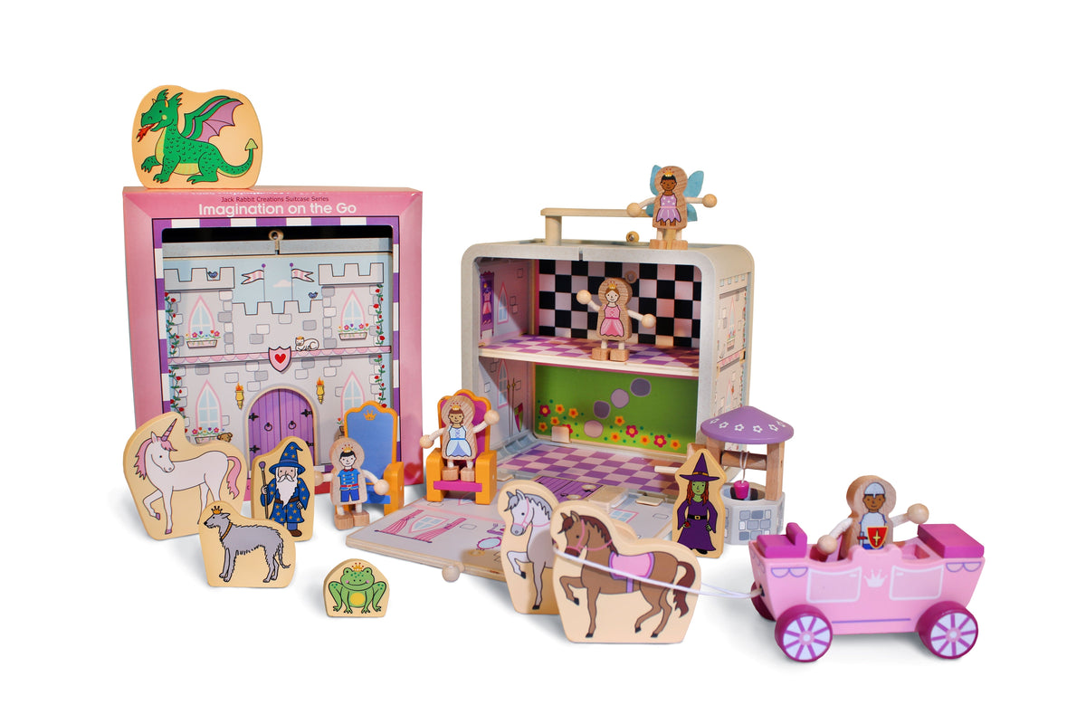 The 17-piece Princess Castle playset has everything you need for enchanted fun on the go, including the whole royal family, unicorn, dragon and a fabulous coach to take you to the ball