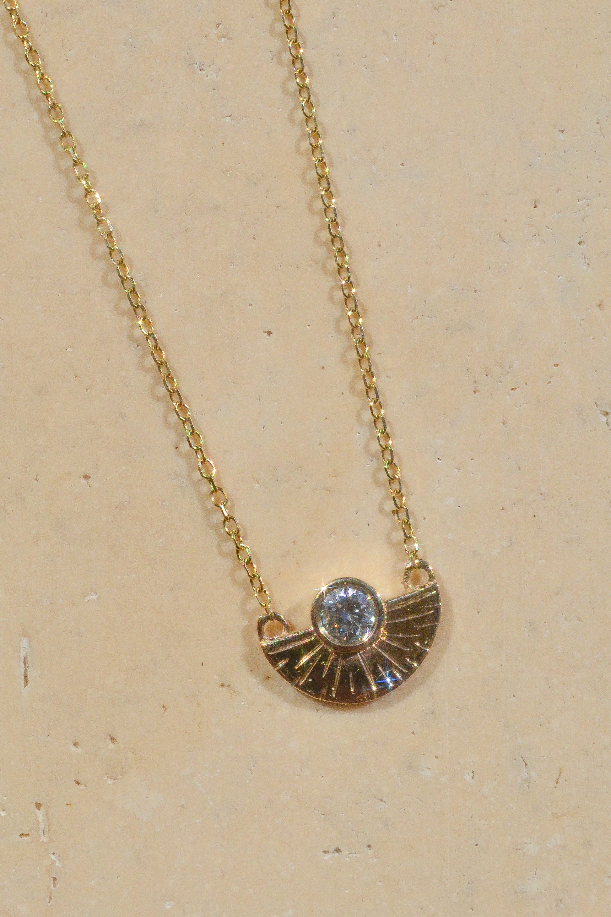 One of a kind 14k gold necklace featuring a white diamond. Each Miarante piece is carefully handcrafted in Chicago by a skilled production team.