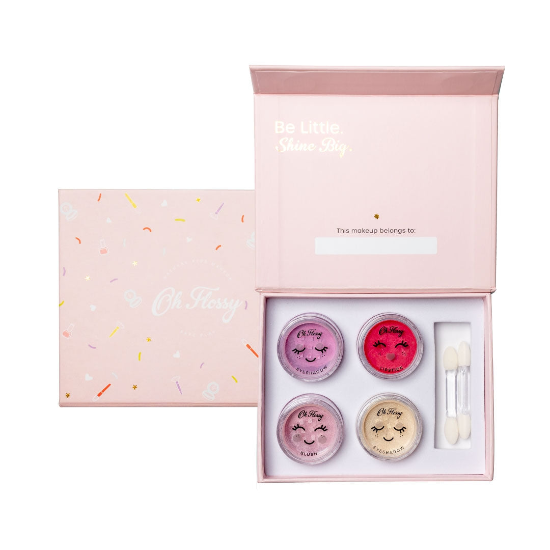 A gorgeous makeup kit for little ones who love to dress up and play - and for parents who want to protect their skin from harsh grown up products.  Includes 2 eyeshadows, 1 lipstick, 1 blush & 2 applicators, packaged in a magnetic box for easy gifting. Free from talc, parabens, fragrances, nano-particles, phthalates. / oh flossy australia