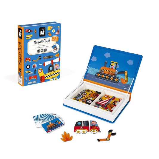 Magnetic educational game in cardboard on the vehicles theme. Composed of 50 magnets and 18 cards. Once the book is opened, the aim is to make the stage the same vehicle as indicated on the card thanks to the magnets.