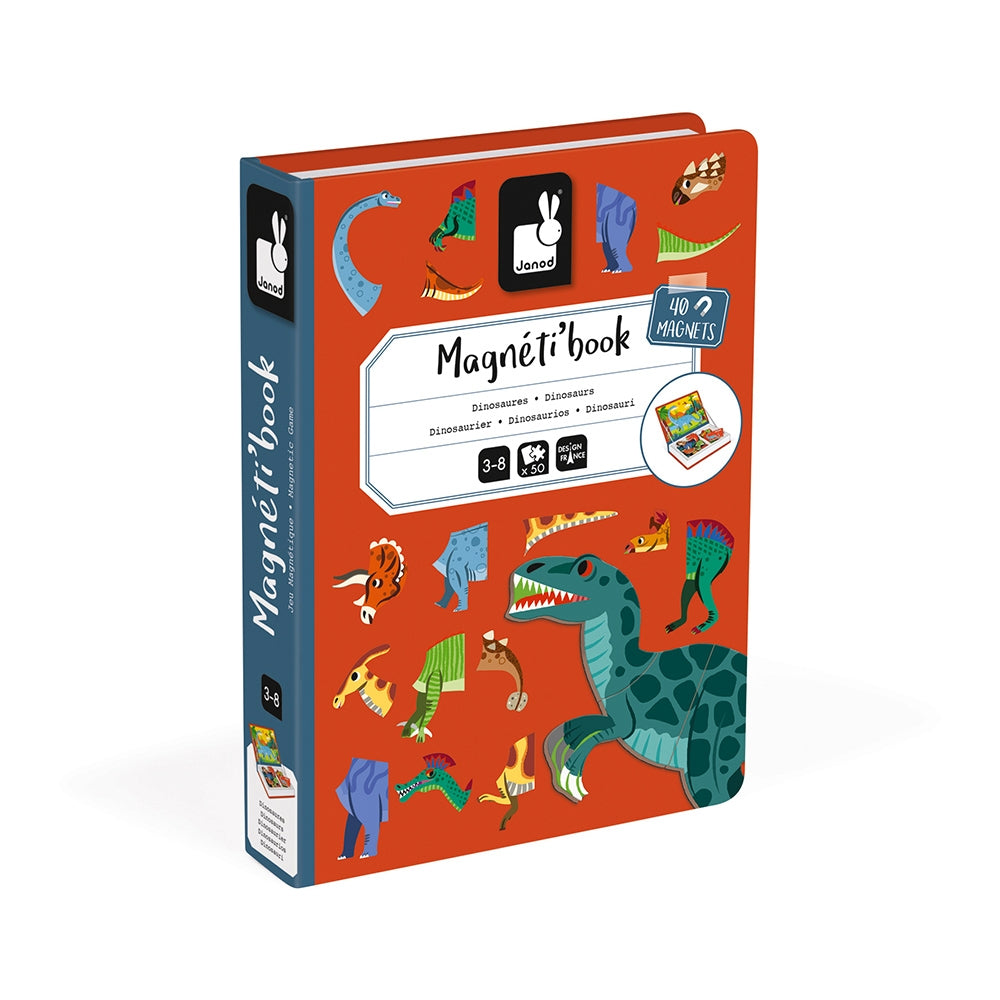 Cardboard magnetic educational game based on the theme of dinosaurs, composed of 40 magnets and 10 cards with the dinosaur's Latin name. Once the book is opened, the object of the game is to use the magnetic background for the placement of magnets to recreate the dinosaur indicated on the card.