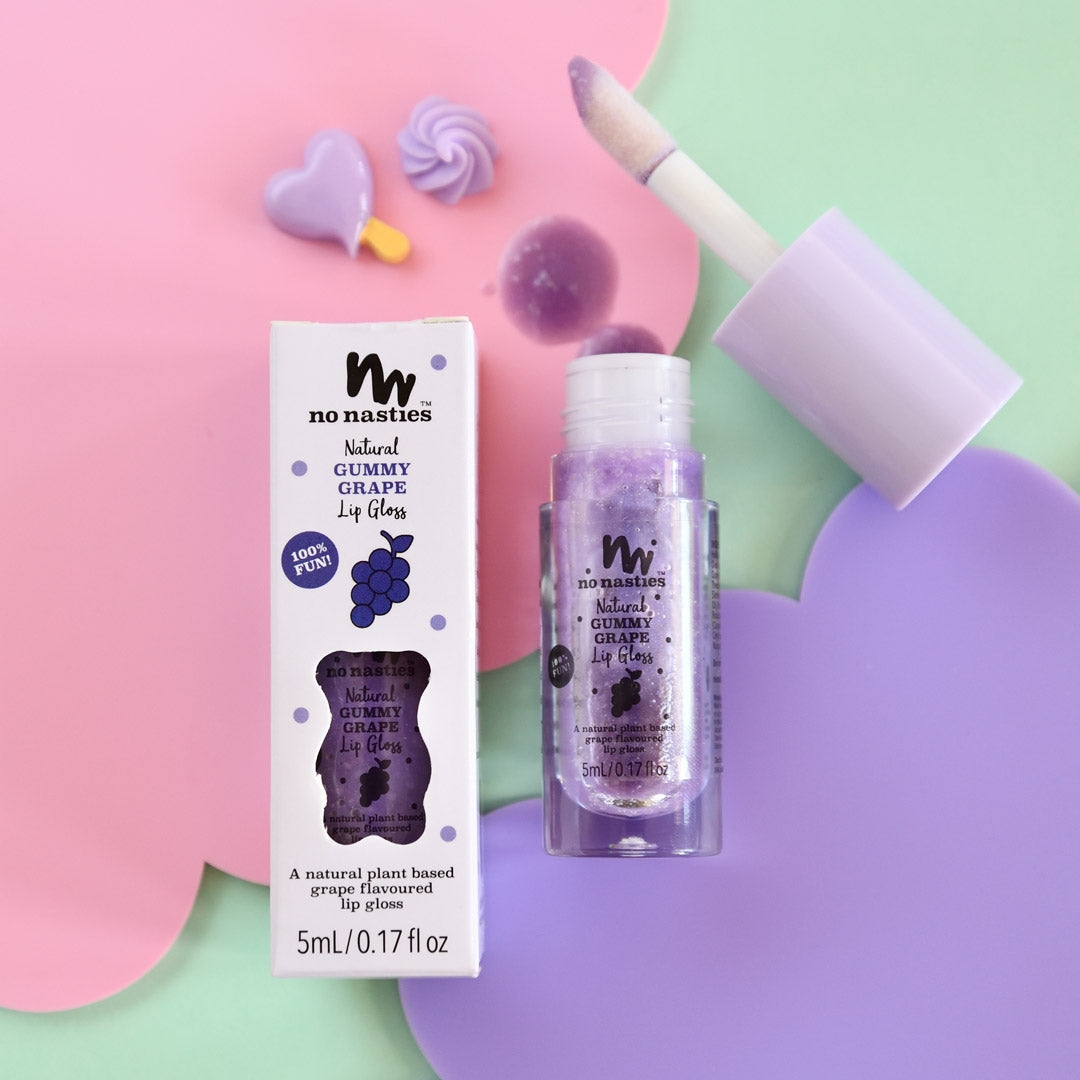 No Nasties Kids Lip Gloss is made with natural, vegan ingredients and designed in age appropriate colors that kids love. They come with an easy to use wand applicator and glides on like a lip gloss and leaves a balmy feel for hydration.