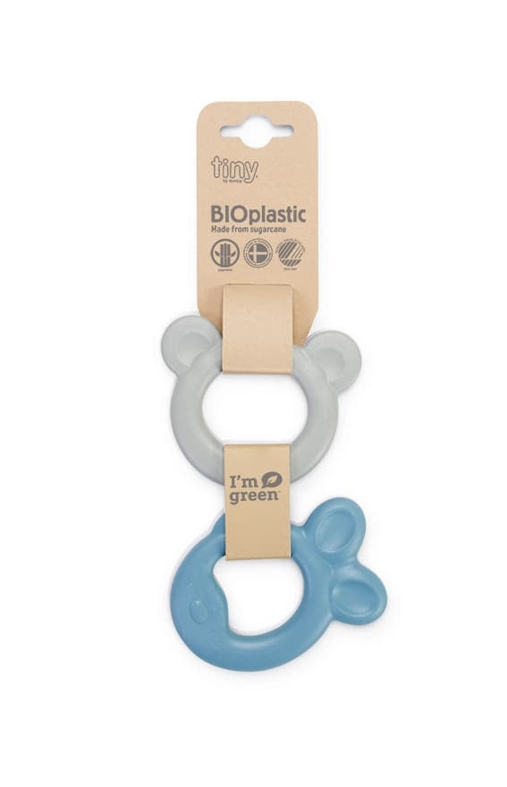 Intellimass teething rings - Cute set of two teething rings in pretty blue and grey, which stimulate the senses and fine motor development.  The bio teeting set is made in denmark from organic bioplastic, an award winning, sustainable raw material consisting of 90% sugar cane.