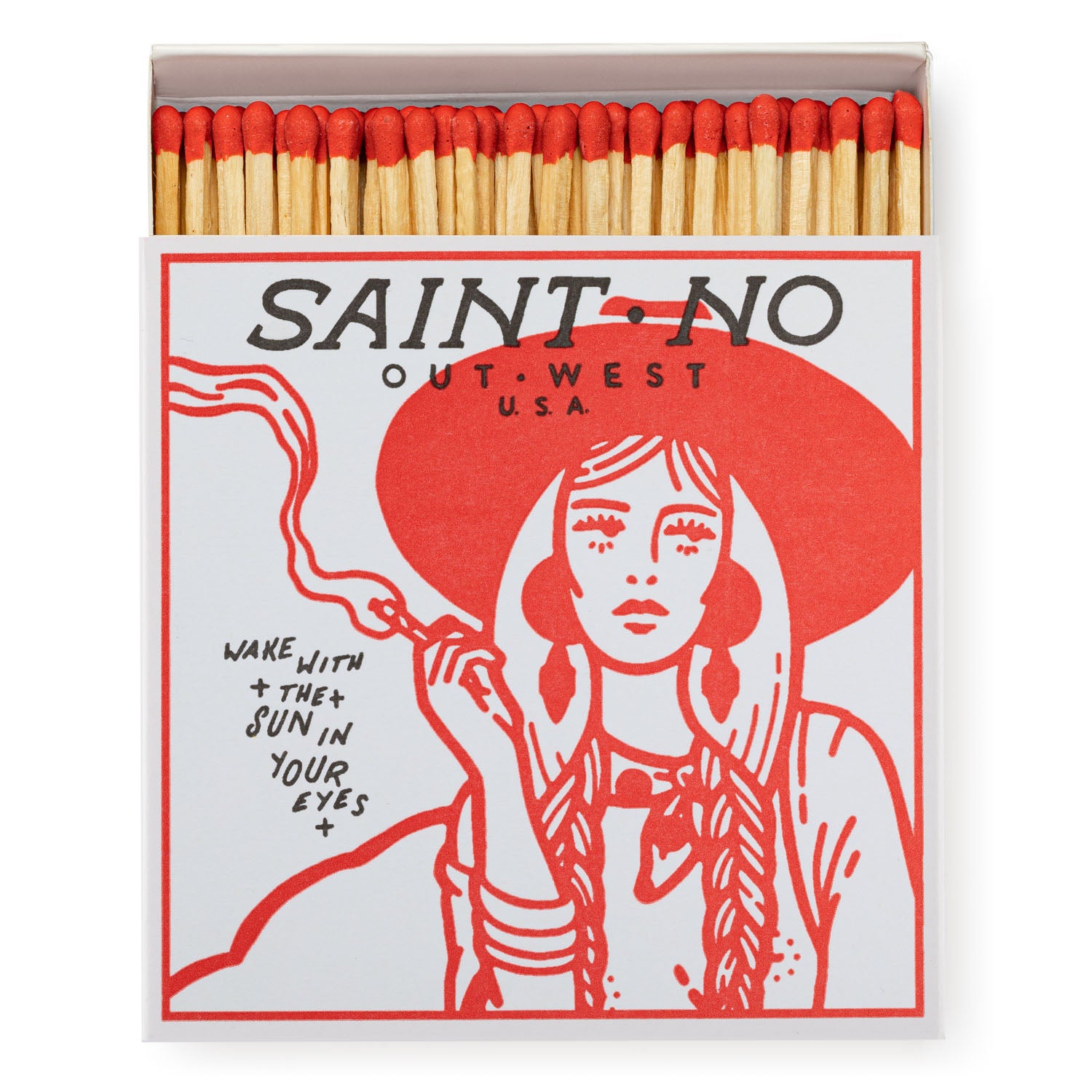 Matches with a design of a woman holding a cigarette and text 'SAINT NO Out West USA' on a white background. Archivist Gallery Square Matches