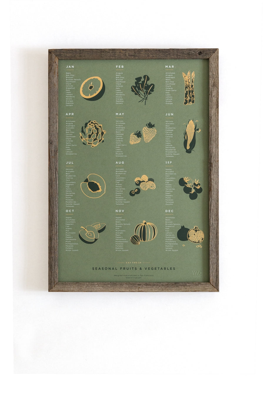 The seasonal fruit and vegetable poster features a monthly list of 15-20 varieties of produce that are freshest, ripest, and harvested within the listed month. Great reference art that is both elegant and useful for your kitchen, dining room or kids room!