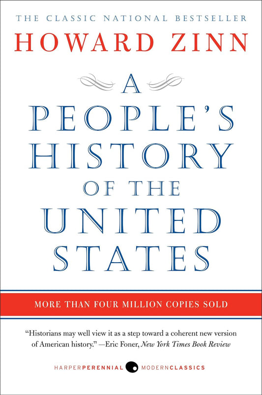 Book cover of 'A People's History of the United States' by Howard Zinn with red and blue text on a white background. A People's History of the United States