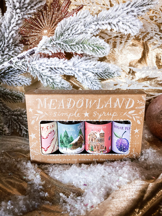 An enchanting collection of 4 holiday simple syrups! Perfect in your cocktails, lemonade, sparkling water, or even baked goods!&nbsp;