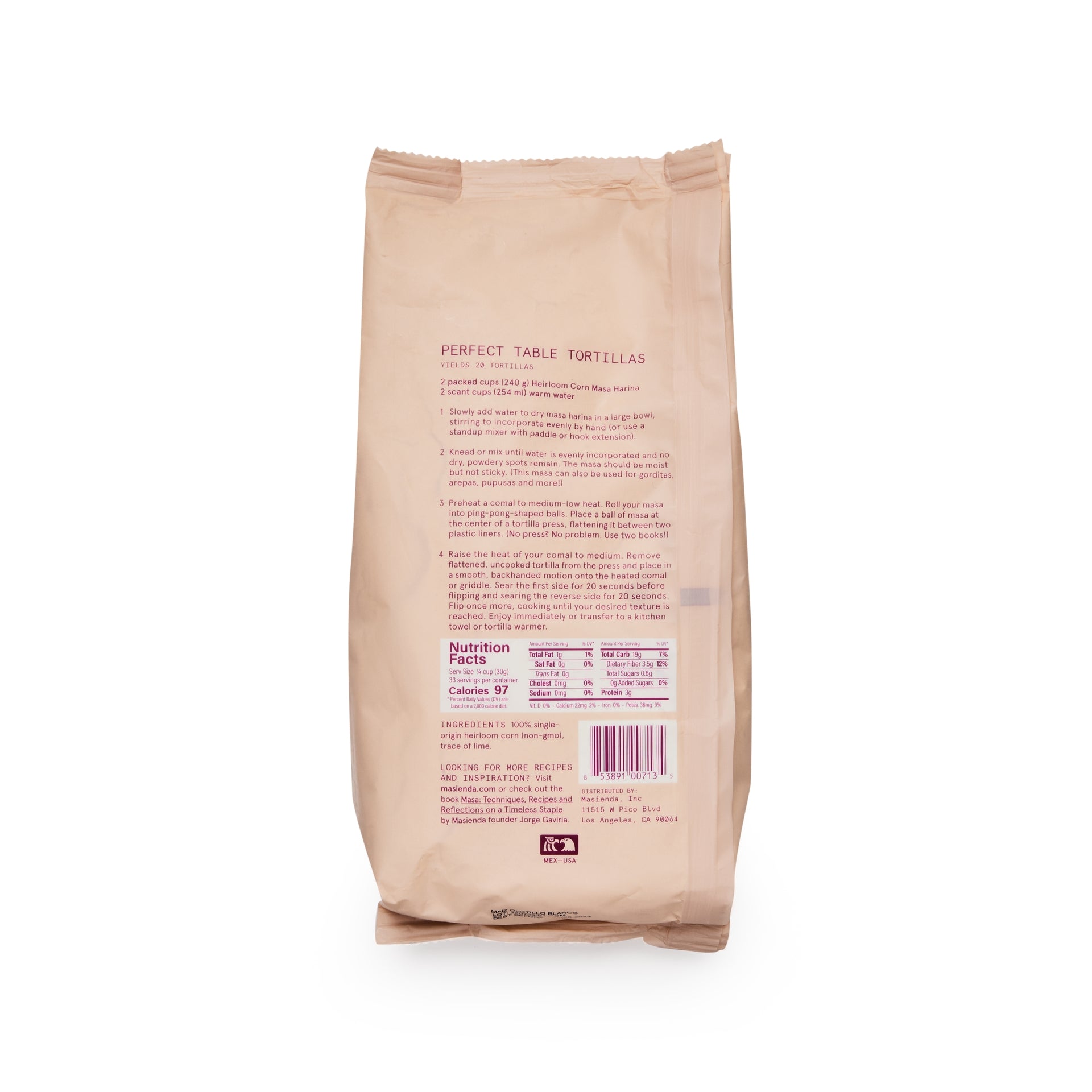 Masienda's best-selling Heirloom White Corn Masa Harina is a fine-ground nixtamalized corn flour. Its deep flavor comes from high quality heirloom corn, which is cooked, slow dried and milled to perfection in small batches. Never genetically modified. Always gluten-free.