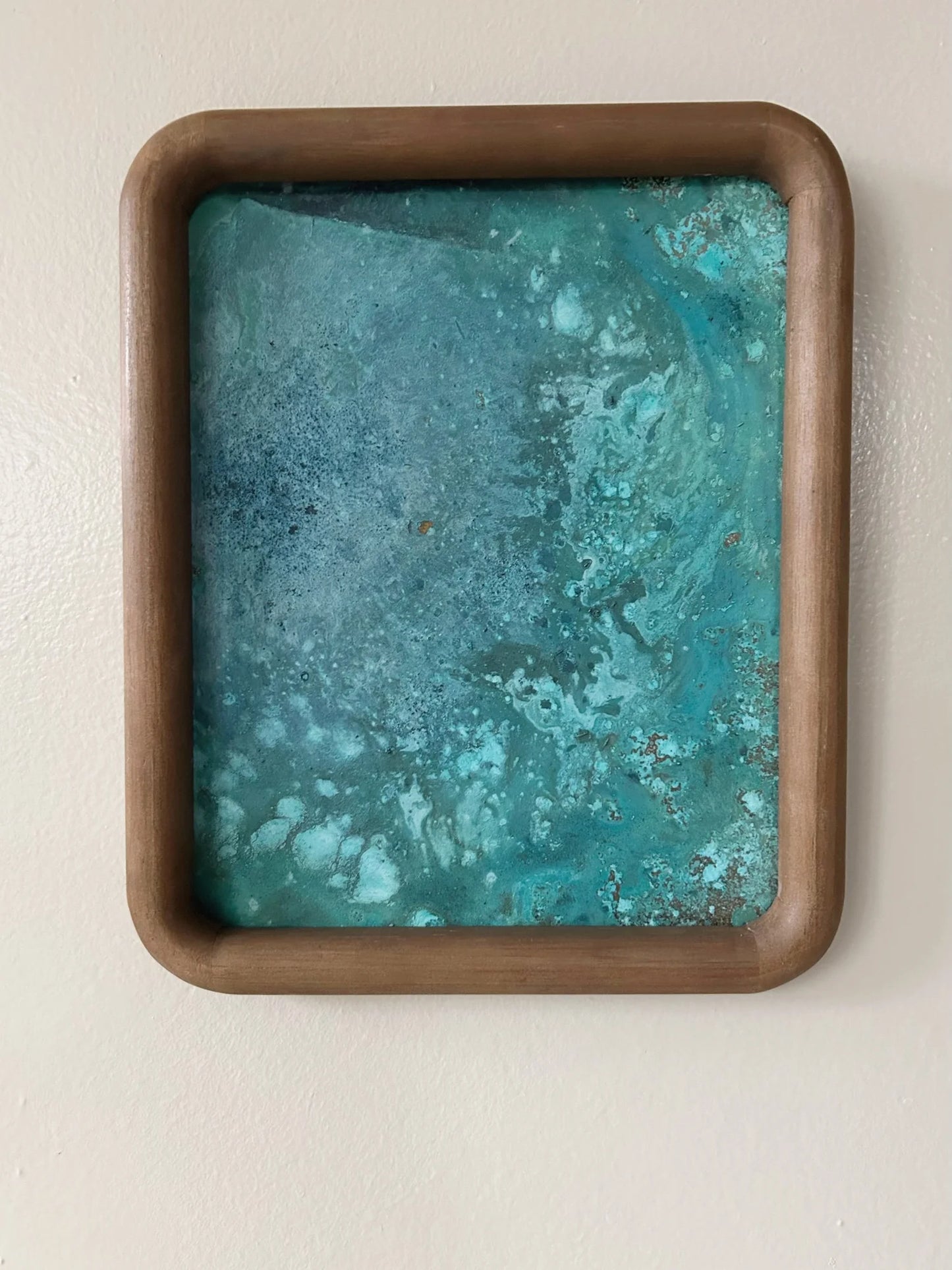 Verdigris patinated brass sheet in wood frame. electric sun creatives by sarah perez