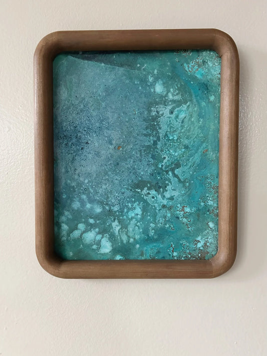 Verdigris patinated brass sheet in wood frame. electric sun creatives by sarah perez