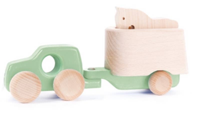 Wooden toy car with trailer and toy horse
