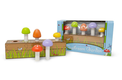 Colorful mushroom toys with a wooden base and packaging on a white background