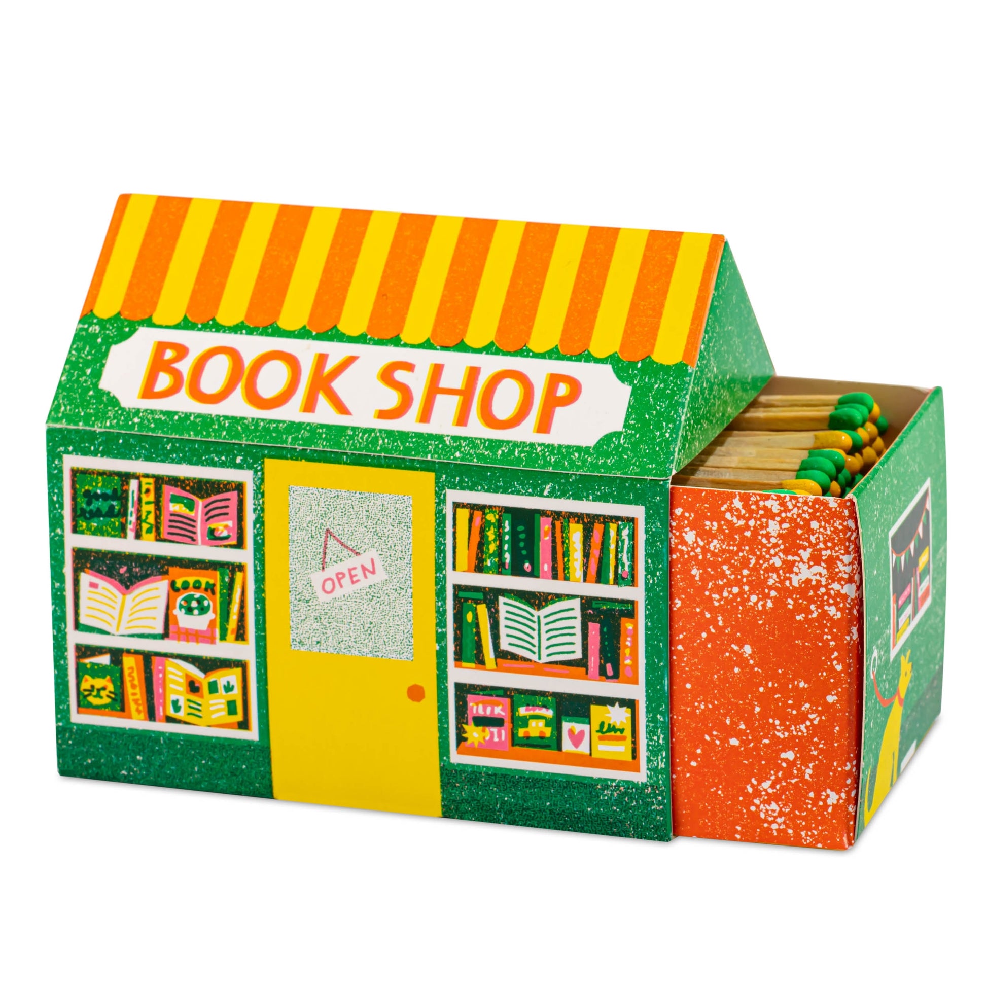 Matchbox bookshop with colorful design on a white background - Archivist Gallery House Matches
