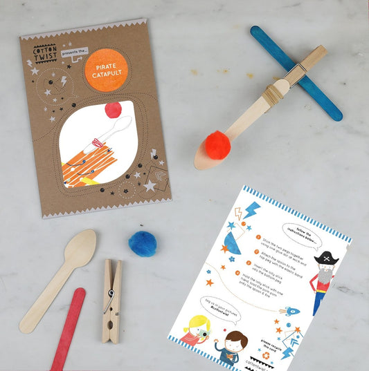 Children can construct a catapult using the pegs, lolly sticks, spoon, elastics & glue dots. Add a pom pom to the spoon & see how far it can fly in the air. Practice makes perfect on the pirate aim. Each kit is plastic free & lovingly assembled by hand.