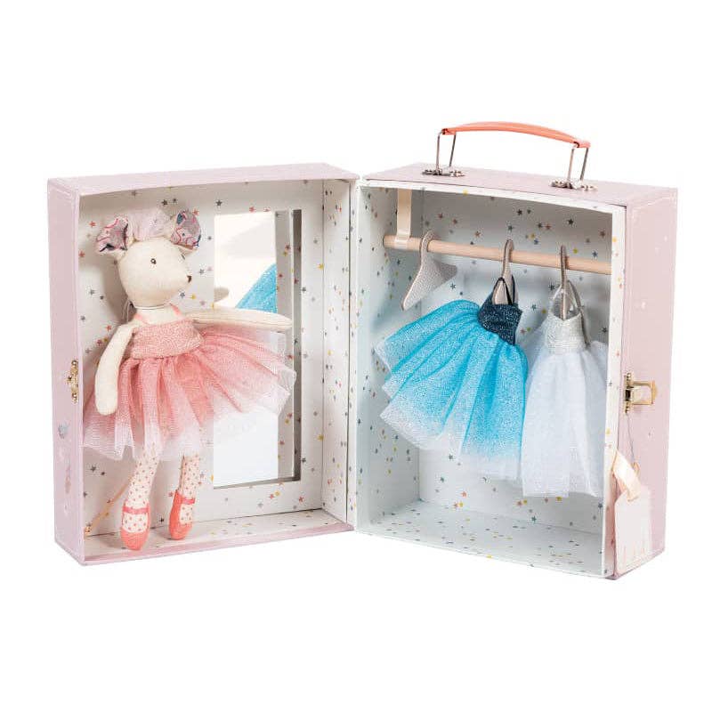 A suitcase wardrobe for the plush toy with a built-in mirror, wooden rail, patterned hangers and three sparkly tutus. Whether for swan lake or nutcracker ballet, the ballerina mouse doll will be graceful to the tip of her pointe shoes.