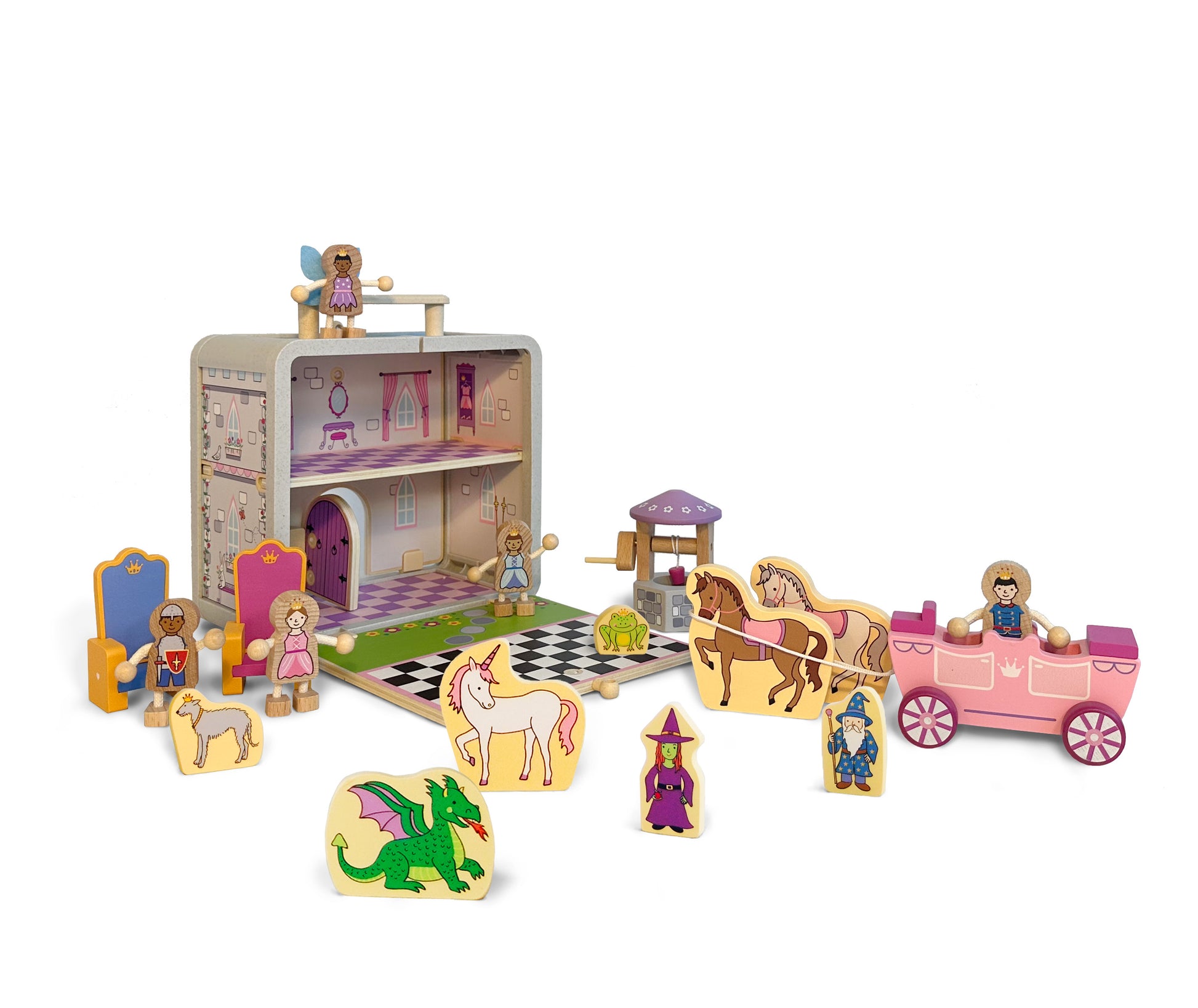 The 17-piece Princess Castle playset has everything you need for enchanted fun on the go, including the whole royal family, unicorn, dragon and a fabulous coach to take you to the ball