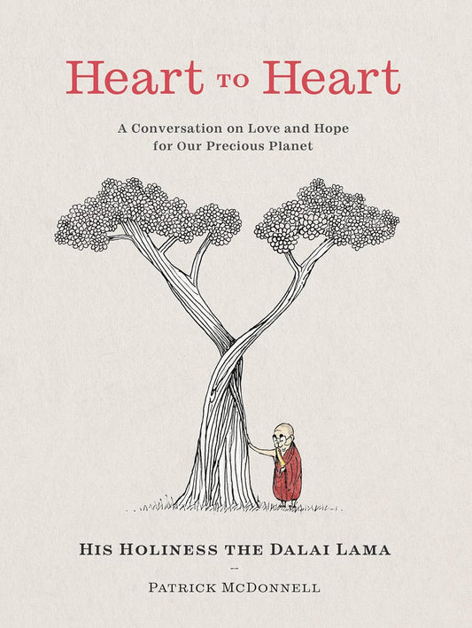 Book cover of 'Heart to Heart' with two interlocking trees and a person, on a beige background. Heart to Heart: A Timely Tale of Healing, Hope, and Change from His Holiness the Dalai Lama and Mutt's Cartoonist Patrick McDonnell