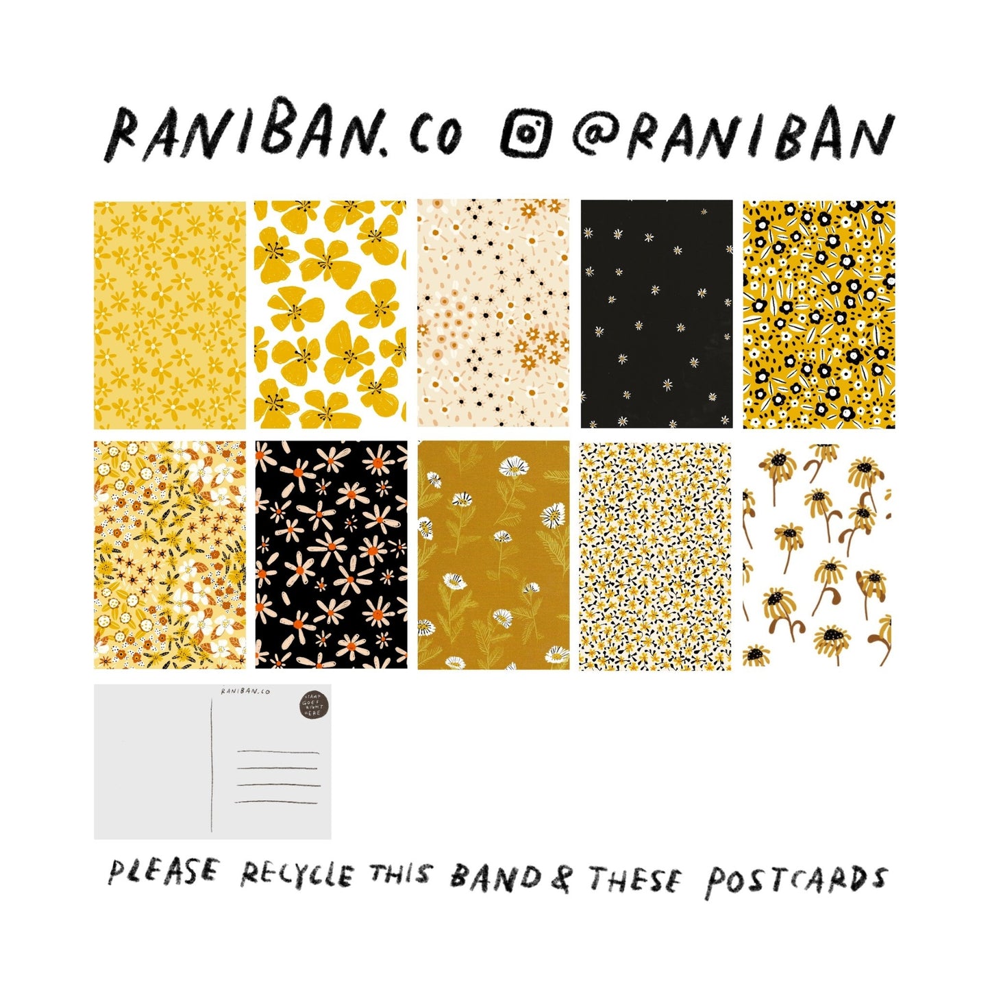 rani ban pack of ten flower patterns postcards. plastic free packaging.