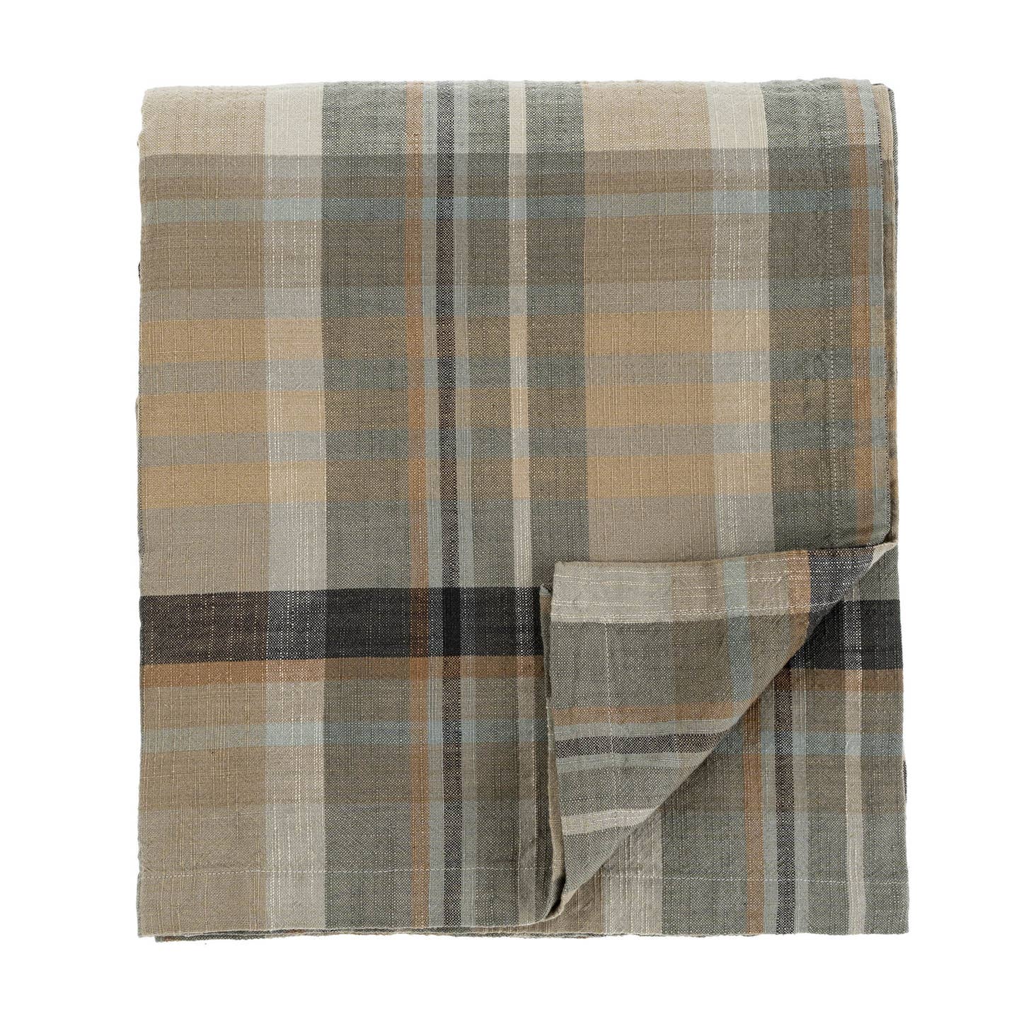 Folded plaid tablecloth/light blanket with earthy tones for your holiday table.