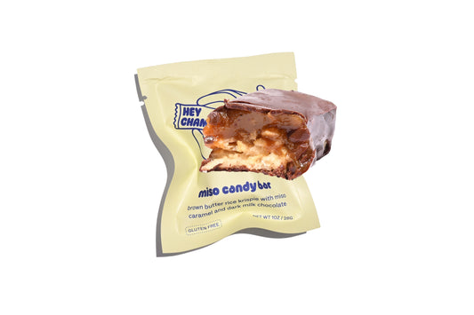 MISO brown butter rice krispie with miso caramel and dark milk chocolate the perfect balance of salty and sweet - with just a touch of umami.