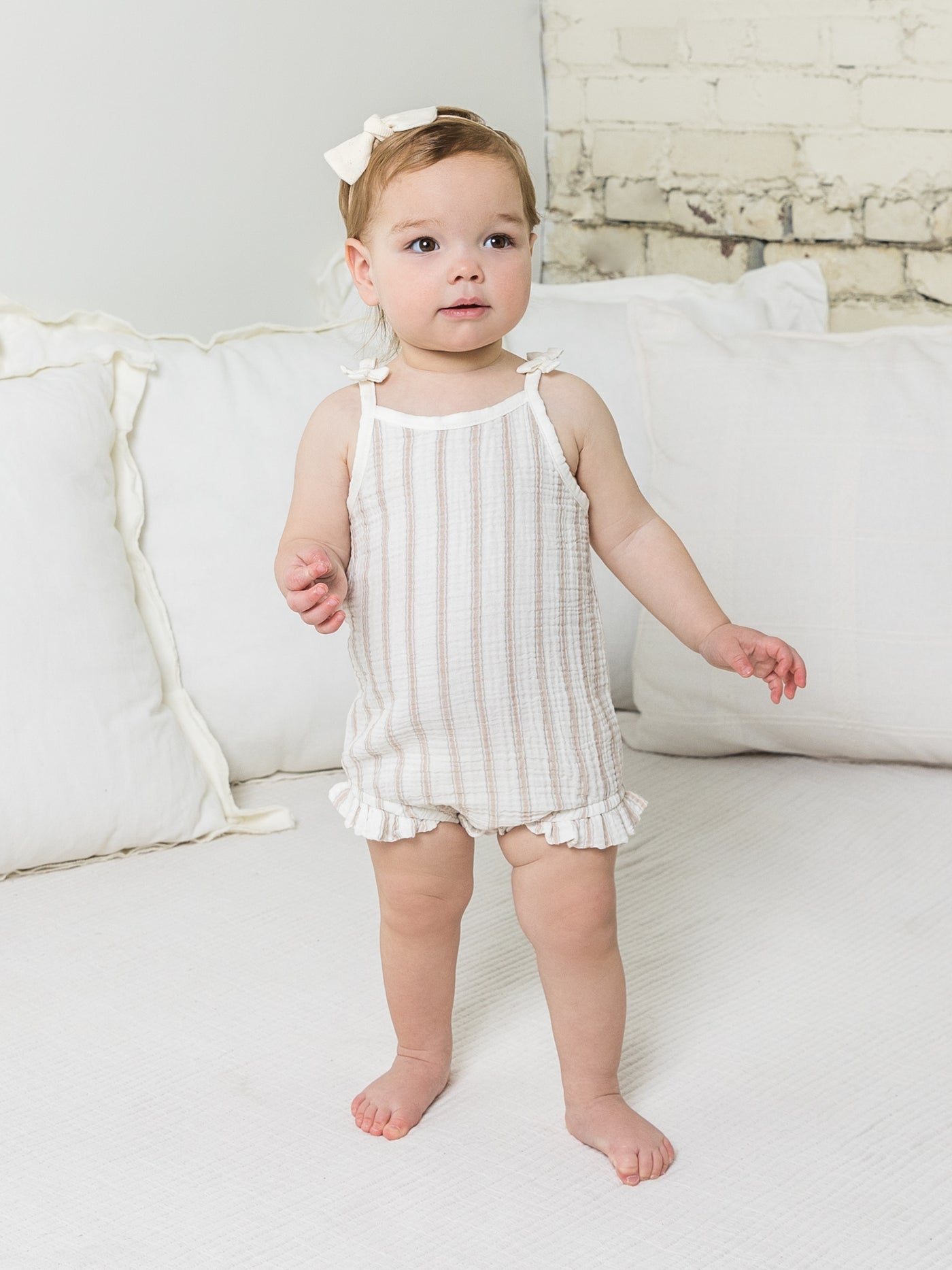 ada ruffle tank romper by colored organics - The cutest bubble romper is here just in time for warmer weather! To keep getting dressed easy, the romper has an adorable wooden button keyhole closure, faux bows, and snap closures on the bottom. 100% organic cotton muslin
