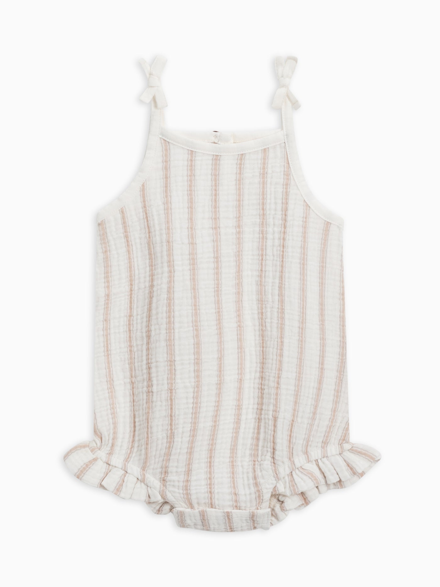 ada ruffle tank romper by colored organics - The cutest bubble romper is here just in time for warmer weather! To keep getting dressed easy, the romper has an adorable wooden button keyhole closure, faux bows, and snap closures on the bottom. 100% organic cotton muslin