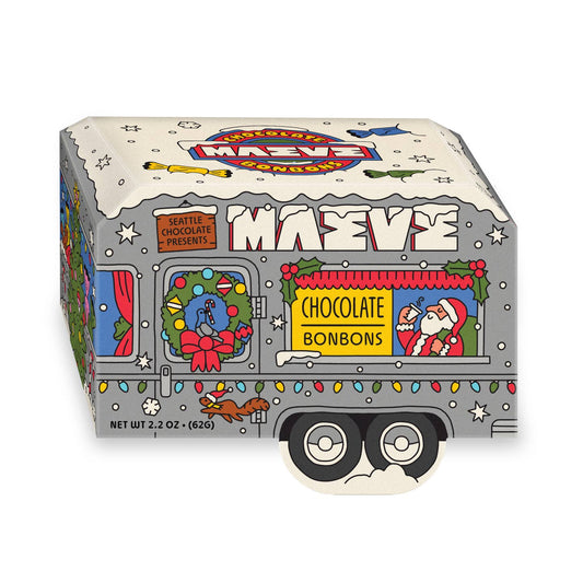 Inside this retro holiday camper, you’ll find milk Salty Toffee smooth, buttery toffee wrapped in creamy milk chocolate and Moon Rocks bonbons, a playful mix of milk chocolate and popping candy.